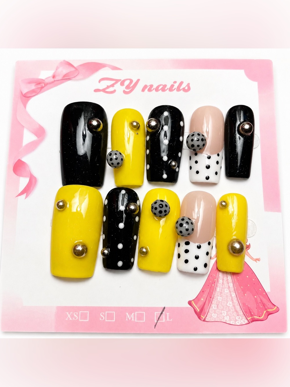 NEW Yellow & Black Polka Dot Press On Nails | 3D Studded | Long Square | Large